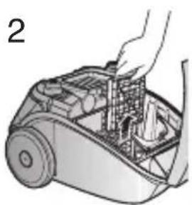 Illustration of a hand operating a vacuum cleaner with internal components (no text or symbols)