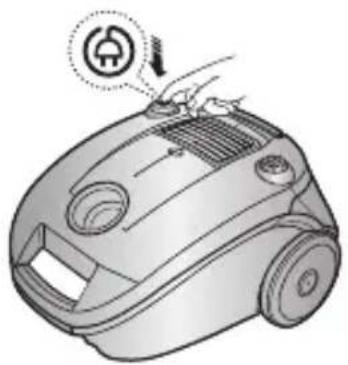 Illustration of a vacuum cleaner with a hand inserting a plug into the air (no text or symbols present).