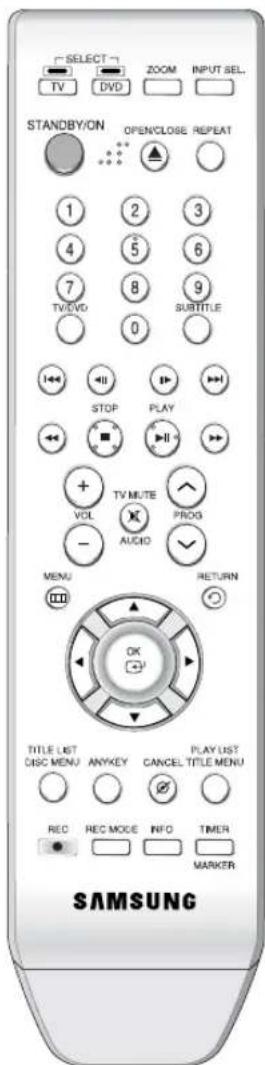 SELECT VTV DVD ZOOM INPUT SEL. STANDBY/ON OPENCLOSE REPEAT 1 2 3 4 5 6 7 8 9 TV/DVD 0 SUBTITLE STOP PLAY + TV MUTE VOL AUDIO PROG - MENU RETURN OK TITLE LIST CISC MENU ANYKEY CANCEL. TITLE MENU PLAY LIST TITLE MENU REC REC MODE INFO TIMER MARKER SAMSUNG