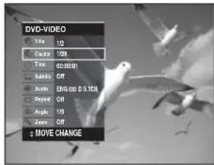 DVD-VIDEO Time 12 Change 103 Time 00:00:01 Balance ON Audio ENG D:5.1CH Response ON Angle 18 Zoom ON MOVE CHANGE