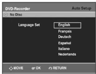 DVD-Recorder Auto Setup No Disc Language Set English Français Deutsch Español Italiano Nederlands MOVE OK RETURN