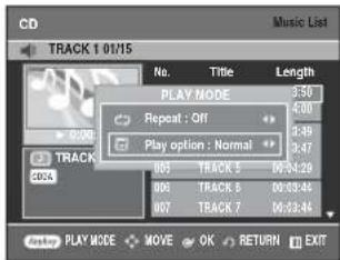 CD TRACK 1 01/15 Music List No. Title Length PLAY MODE 5:50 Repeat : Off 4:00 Play option : Normal 3:49 003 TRACK 5 06:54:28 006 TRACK 5 06:55:46 007 TRACK 7 06:56:46 PLAY MODE MOVE OK RETURN EXIT