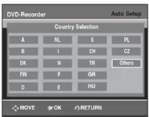 DVD-Recorder Auto Setup Country Selection A NL S PL B I CZ DK N TR Others FIN P GR D E HU MOVE OK RETURN