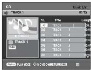 CD TRACK 1 01/15 Track 1 GEO No. Title Length 2 TRACK 1 30.0 02 TRACK 2 00.0 03 TRACK 3 00.0 04 TRACK 4 00.0 05 TRACK 5 00.0 06 TRACK 6 00.0 07 TRACK 7 00.0 Audio: PLAY MODE MOV O/WRETURN/EXIT