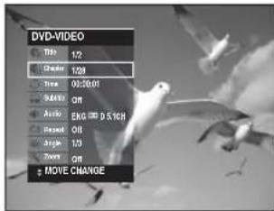 DVD-VIDEO Title 1/2 Grade 1/20 Time 0:30:00 Balance ON Audio EKG D 5.1CH Reset ON Angle 1/3 Zoom ON MOVE CHANGE