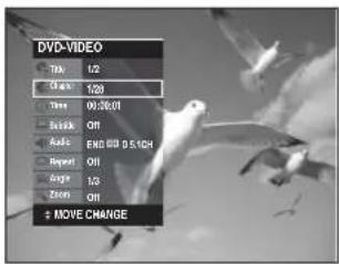 DVD-VIDEO View 1/2 Audio 1/20 Time 00:30:01 Break Off Audio END RED S/CH Repeat Off Angle 1/3 Zoom Off MOVE CHANGE