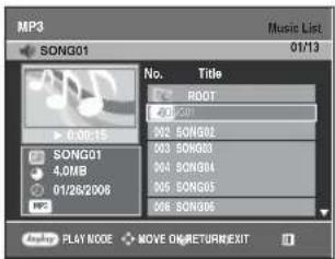 MP3 SONG01 01/13 Music List No. Title ROOT SONG01 SONG02 SONG03 SONG04 SONG05 SONG06 SONG01 4.0MB 01/26/2008 Play MODE MOVE ON/RETURN/EXIT