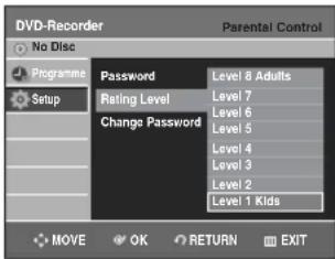 DVD-Recorder No Disc Programme Setup Password Level 8 Adults Rating Level Level 7 Level 6 Change Password Level 5 Level 4 Level 3 Level 2 Level 1 Kids MOVE OK RETURN EXIT