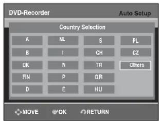 DVD-Recorder Auto Setup Country Selection A NL S PL B I CZ DK N TR Others FIN P GR D E HU MOVE OK RETURN