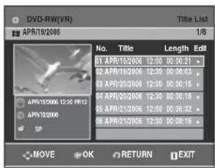 DVD-RW(VR) Title List APR/18/2006 1/8 No. Title Length Edit 01 APR/18/2006 12:00 DC 30.21 - 02 APR/19/2006 12:30 DC 30.03 - 03 APR/20/2004 12:00 DC 30.15 - 04 APR/20/2004 12:30 DC 30.16 - 05 APR/21/2006 12:00 DC 36.32 - 06 APR/21/2006 12:30 DC 38.15 - MOVE OK RETURN EXIT