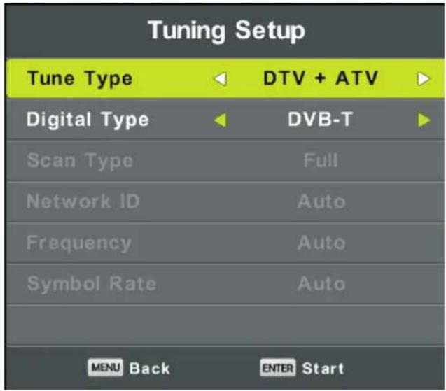 Tuning Setup Tune Type DTV + ATV Digital Type DVB-T Scan Type Full Network ID Auto Frequency Auto Symbol Rate Auto MENU Back ENTER Start
