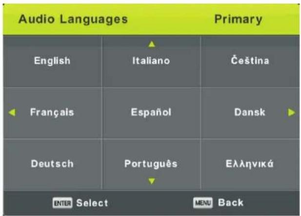 Audio Languages Primary English Italiano Čeština Français Español Dansk Deutsch Português Ελληνικά ENTER Select MENU Back