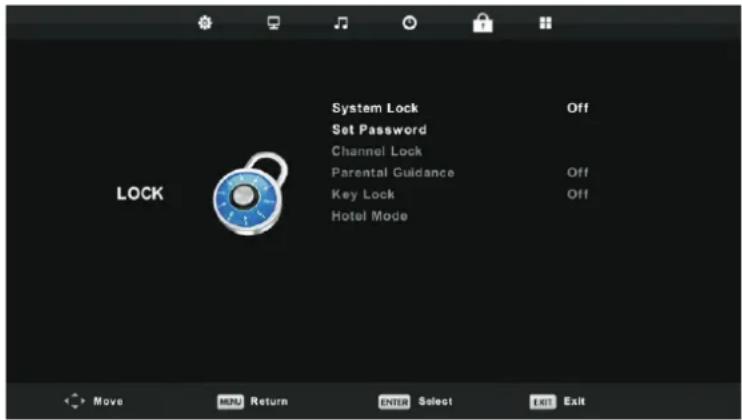System Lock Set Password Channel Lock Parental Guidance Key Lock Hotel Mode OFF Off OFF LOCK Move MENU Return ENTER Select EXIT Exit