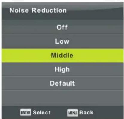 Noise Reduction Off Low Middle High Default ENTER Select MENU Back