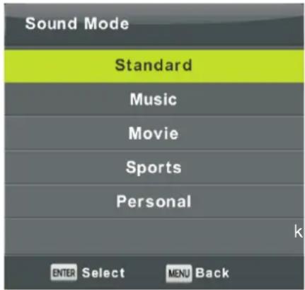 Sound Mode Standard Music Movie Sports Personal k ENTER Select MENU Back
