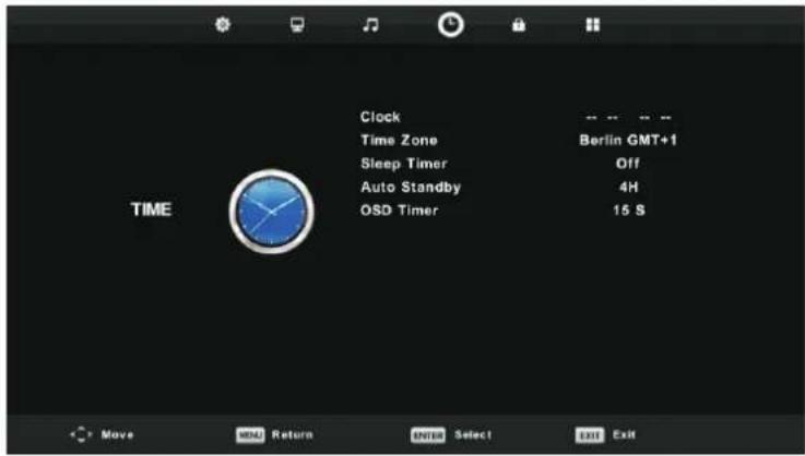 Clock Time Zone Sleep Timer Auto Standby OSD Timer Berlin GMT+1 Off 4H 15 S TIME Move NEW Return ENTER Select EXIT Exit