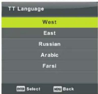TT Language West East Russian Arabic Farsi ENTER Select MENU Back