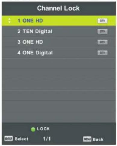 Channel Lock 1 ONE HD 2 TEN Digital 3 ONE HD 4 ONE Digital LOCK ENTER Select 1/1 MENU Back
