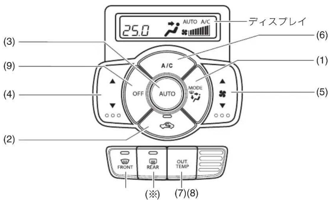 (3) (9) (4) (2) 25.0 AUTO A/C ディスプレイ (A/C) OFF AUTO MODE (6) (1) (5) (7)(8) FRONT REAR OUT. TEMP (※)