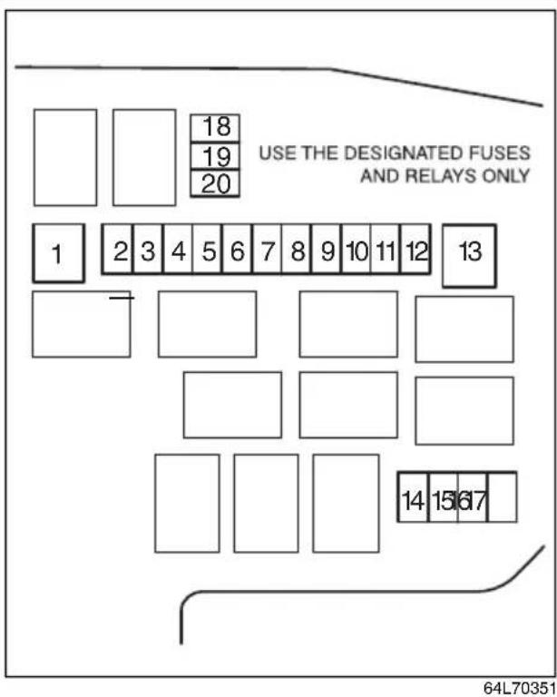 USE THE DESIGNATED FUSES AND RELAYS ONLY 18 19 20 1 2 3 4 5 6 7 8 9 10 11 12 13 - - - - - - - - - - - - - - - - - - - - - - - - - - - - - - - - - - - - - - - - - - - - - - - - - - - - - - - - - 64L70351
