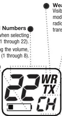 Numbers When selecting through 22. g the volume. (1 through 8.) 22 WTR TX CH Wea Visible mode radio trans