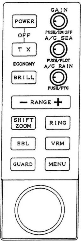 POWER OFF T X ECONOMY BRILL GAIN PUSH/HM OFF A/C SEA PUSH/PLOT A/C RAIN PUSH/FTC — RANGE + SHIFT ZOOM RING EBL VRM GUARD MENU