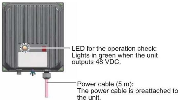 LED for the operation check: Lights in green when the unit outputs 48 VDC. Power cable (5 m): The power cable is preattached to the unit.