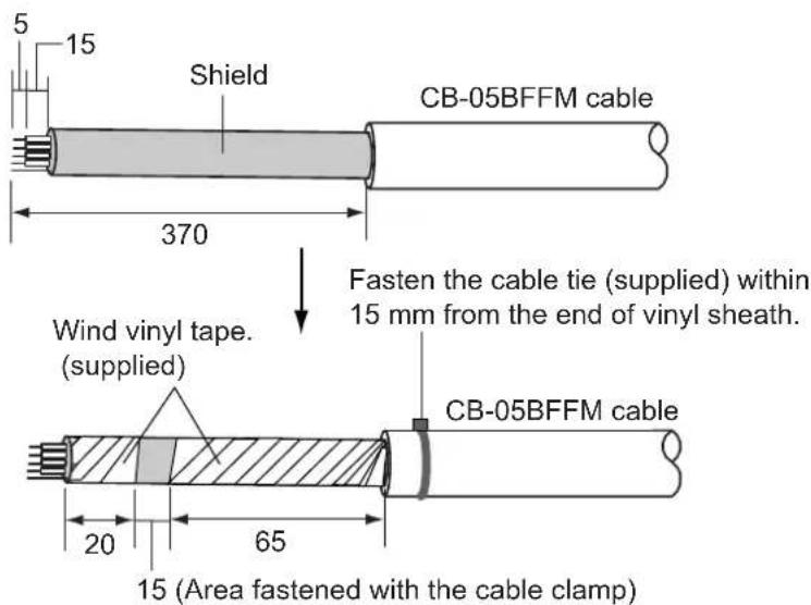 5 15 Shield 370 CB-05BFFM cable Wind vinyl tape. (supplied) Fasten the cable tie (supplied) within 15 mm from the end of vinyl sheath. CB-05BFFM cable 20 65 15 (Area fastened with the cable clamp)