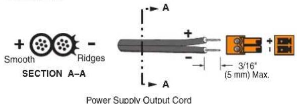 + Smooth Ridges SECTION A-A Power Supply Output Cord 3/16" (5 mm) Max.