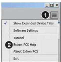 Show Expanded Device Tabs Software Settings Tutorial Extron PCS Help About Extron PCS Exit