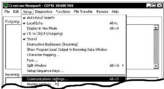 Cressron Viewport - COM139400 N01 File Edit Setup Diagnostics Functions File Transfer Remote Help Outgoing ✓ Auto Baud Search ✓ Local Echo Alt+L Display in Hox Mode Alt+H ✓ CR to CR/LF (Outgoing) ✓ Sound Destructive Bedspace (Incoming) Show Program Load Output in Incoming Data Window Character Mapping ... Font... Split Window Alt+W > Setup Sequence Keys ... Incoming Communications settings... Alt+D Modern settings...