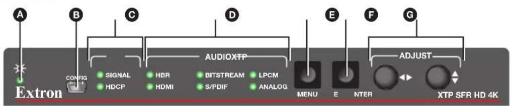 A B C D E F G AUDIOXTP CONFIG SIGNAL HDBR BITSTREAM LPCM HDCP HDMI S/PDIF ANALOG MENU E NTER ADJUST Extron XTP SFR HD 4K