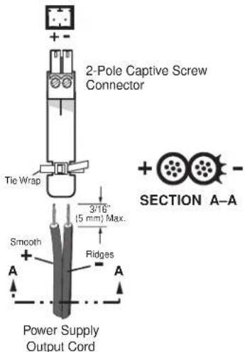 2-Pole Captive Screw Connector Tie Wrap 3/16" (5 mm) Max. Smooth Ridges Power Supply Output Cord SECTION A-A