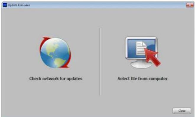 Update Firmware Check network for updates Select file from computer Close
