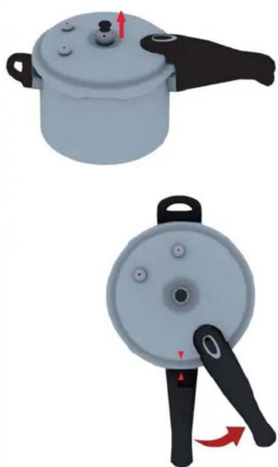 Illustration of a cooking pot and its lid with red arrows indicating rotation (no text or symbols)