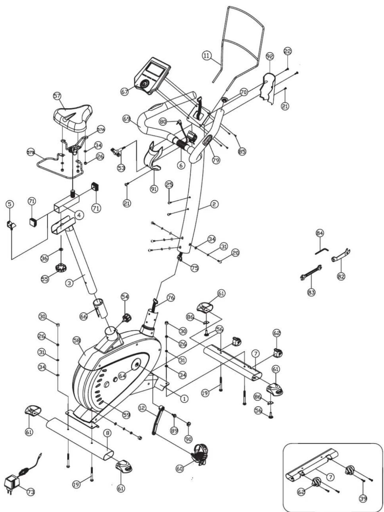 Technical diagram of a stationary exercise machine with numbered components and exploded view