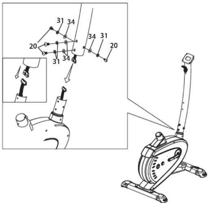 Technical diagram of a stationary exercise machine with labeled components and exploded view