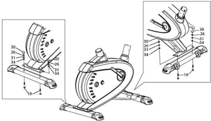 Technical diagram of a stationary exercise machine with numbered components and exploded views