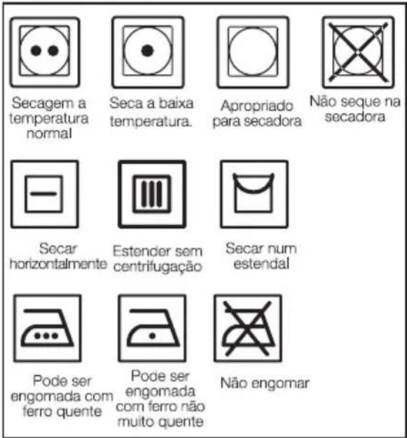 Secagem a temperatura normal Seca a baixa temperatura. Apropriado para secadora Não seque na secadora Secar horizontalmente Estender sem centrifugação Secar num estendal Pode ser engomada com ferro quente Pode ser engomada com ferro não muito quente Não engomar