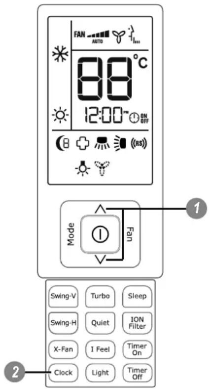 FAN AUTO 88°C 12:00" ON OFF Mode Fan Swing-V Turbo Sleep Swing-H Quiet ION Filter X-Fan I Feel Timer On Clock Light Timer Off