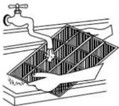 Illustration of a faucet spraying water into a container with a handle (no text or symbols)
