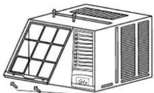 Line drawing of a front-mounted air conditioner unit with ventilation grilles and ventilation grilles (no text or symbols)