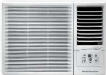 Front view of a white air conditioner unit with ventilation grilles and control panel (no visible text or symbols)