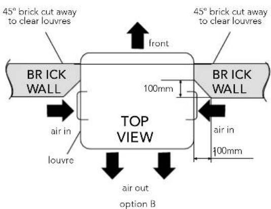 45° brick cut away to clear louvres BR ICK WALL front 45° brick cut away to clear louvres BR ICK WALL 100mm TOP VIEW air in louvre air out option B air in 100mm