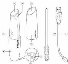 Technical diagram of a handheld device with labeled parts and internal components