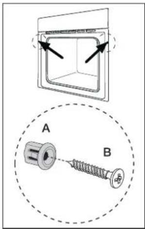 Diagram showing a wall-mounted device with labeled components A and B, including directional arrows and a magnified view of the screw assembly.