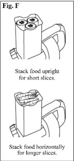 Fig. F Stack food upright for short slices. Stack food horizontally for longer slices.