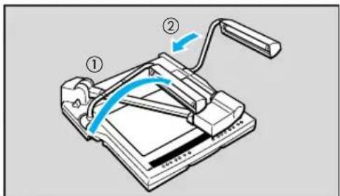 Diagram of a printer or printer with labeled parts and a blue curved arrow indicating motion or operation.