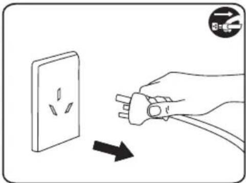 Diagram showing a hand inserting an electrical plug into a wall socket, with a directional arrow indicating the process.