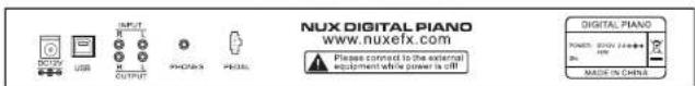 NUX DIGITAL PIANO www.nuxefx.com Please connect to the external equipment while power is off DIGITAL PIANO POWER: 200V (100A) % 35 MADE IN CHINA